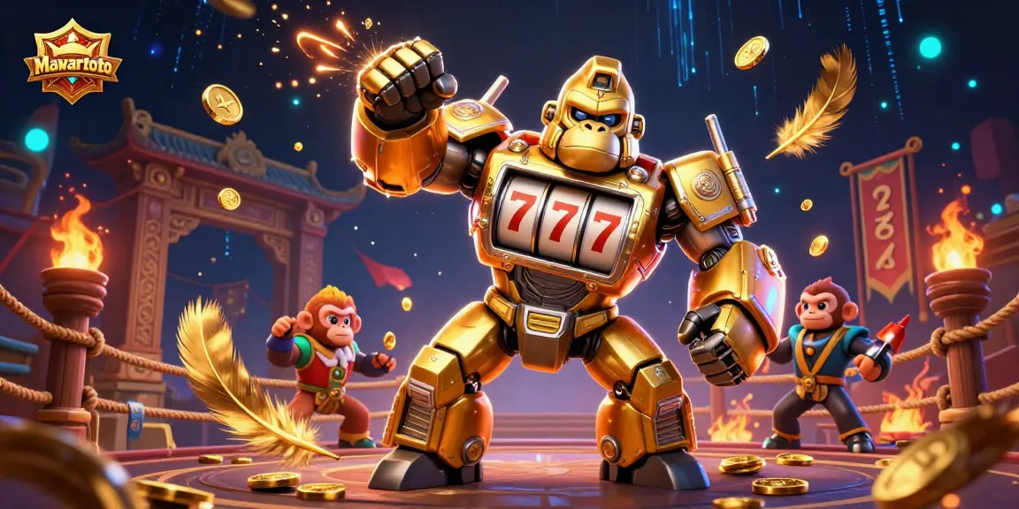 Mawartoto showcases an exciting casino scene with a gorilla mech celebrating jackpot wins amid dynamic gaming elements.