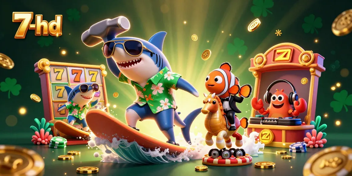 Experience thrilling 7-hd slots excitement with a shark, clownfish, and DJ in a vibrant 3D world.