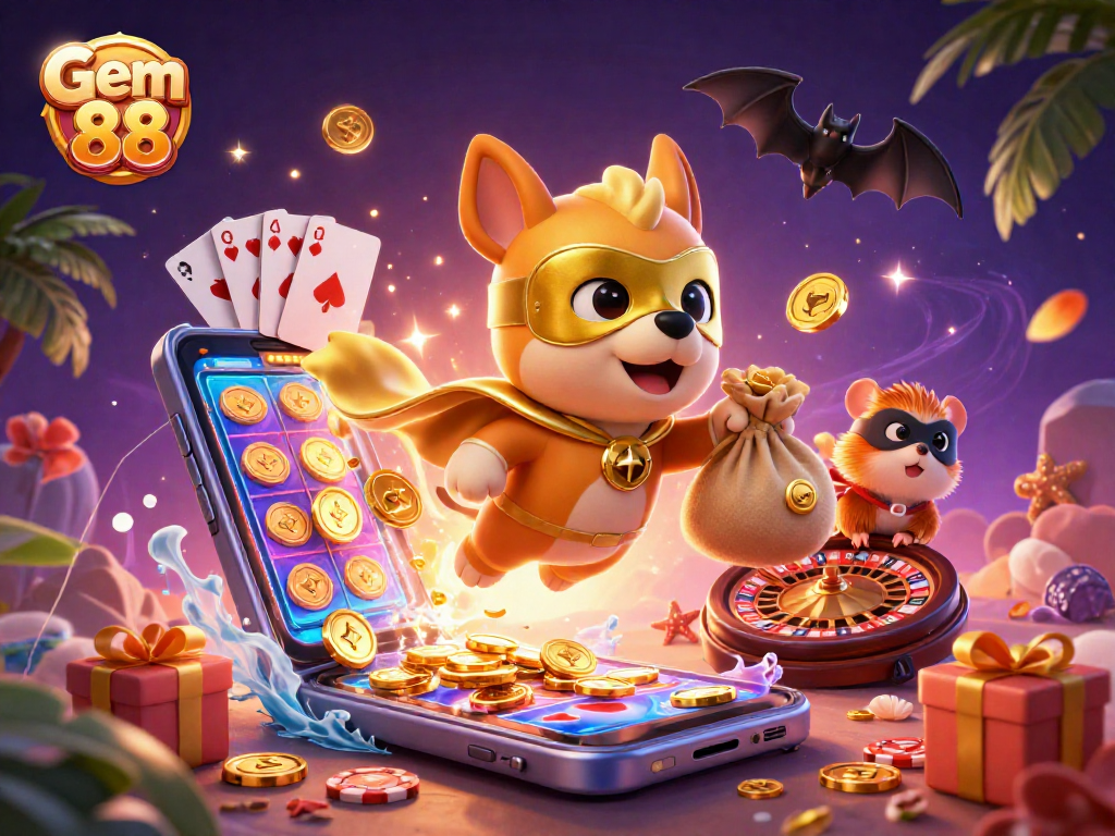 Win big with Gem 88! A vibrant 3D scene showcasing a superhero dog, slot games, and poker elements.
