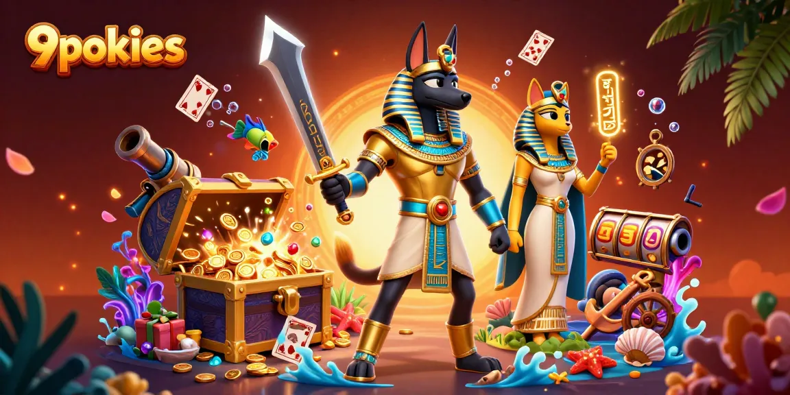 Engage with 9pokies in an immersive 3D scene with treasures, characters, and vibrant casino elements.
