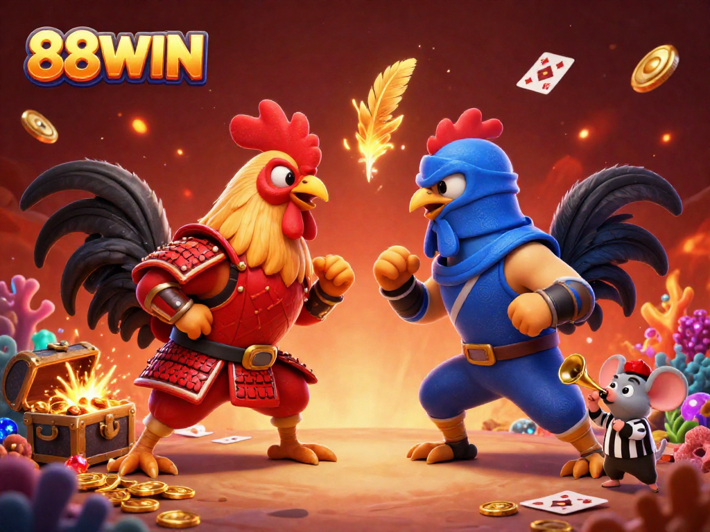 Engage in fierce competition at 88WIN in this vibrant cockfighting showdown illustration.