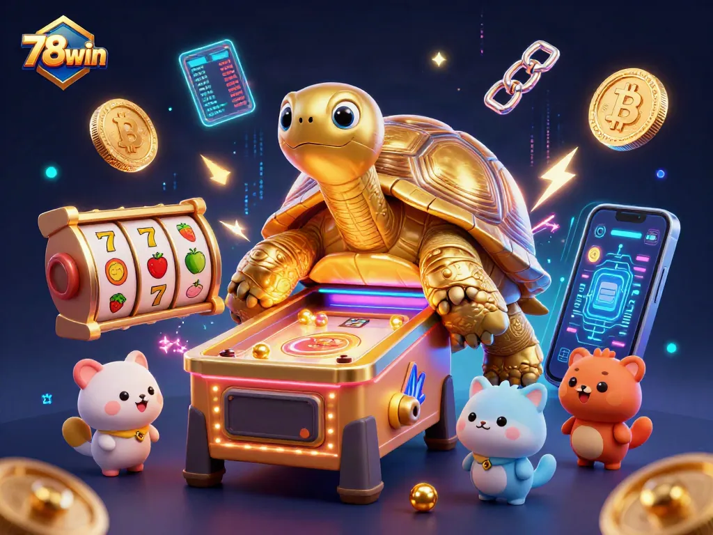 Spin the reels at 78win with a vibrant tortoise slot machine in an exciting casino scene