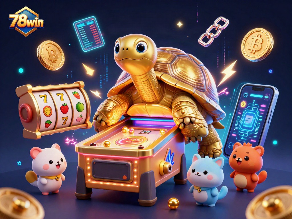 Spin the reels at 78win with a vibrant tortoise slot machine in an exciting casino scene