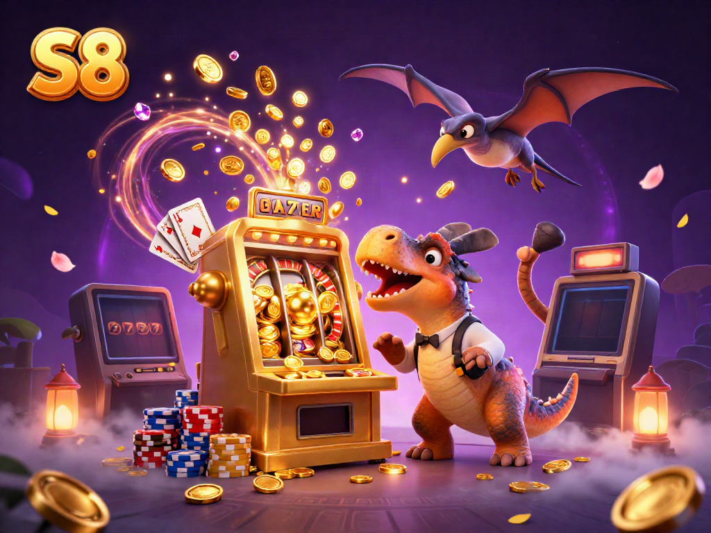 S8 showcases a 3D pachycephalosaurus winning jackpots at a vibrant casino scene.