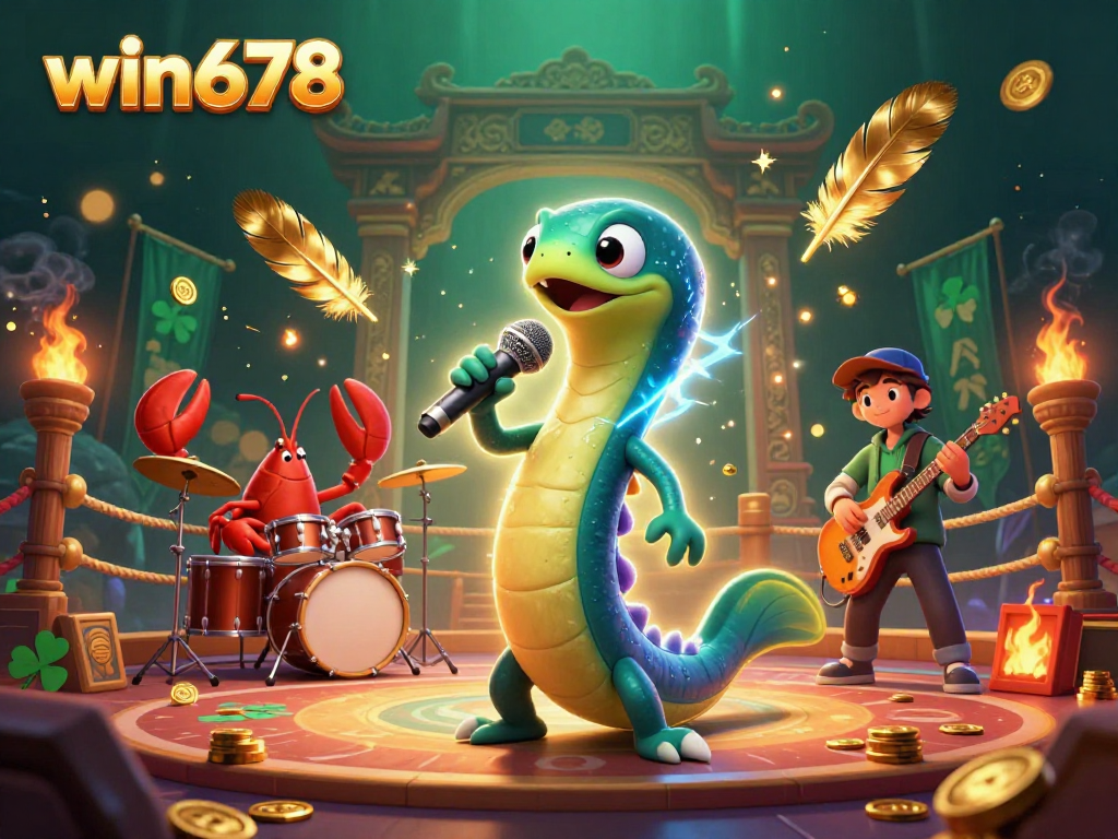Win678 features an electric eel DJ and vibrant underwater casino scene filled with slot elements.