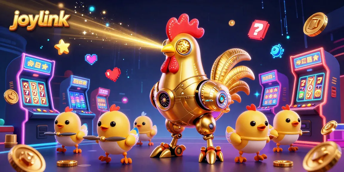 Engage with joylink's vibrant gaming scene featuring a golden rooster robot and baby chick drones in a casino.