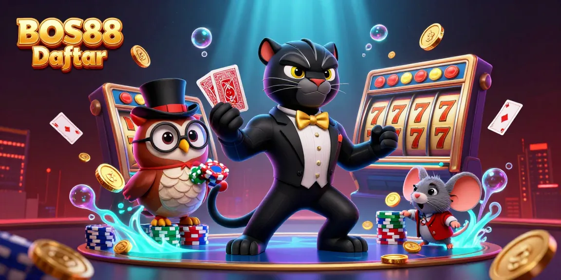 BOS88 Daftar memainkan slot online dengan pengalaman seru, dikelilingi karakter unik dan elemen kasino.