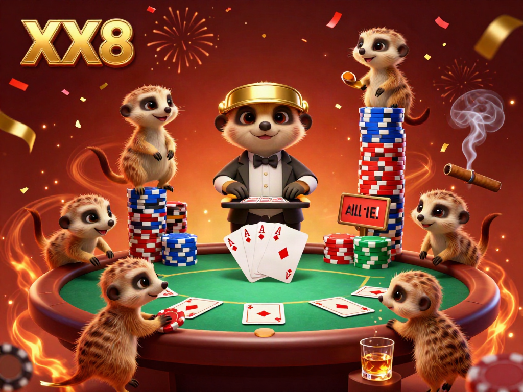 Meerkats running an elaborate casino operation with vibrant poker elements in the scene promoting XX8.