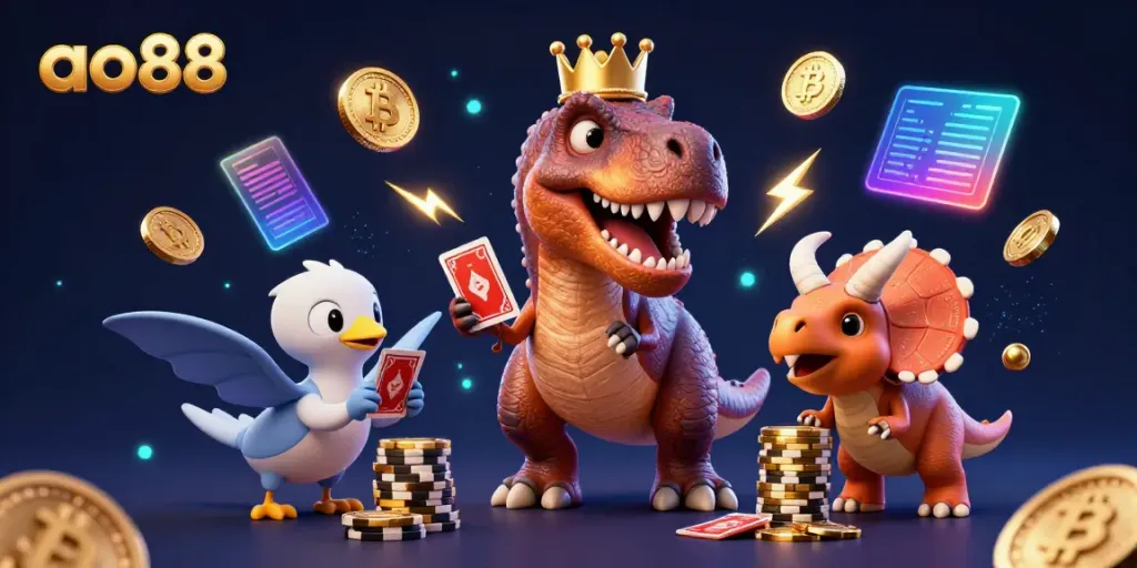 Engage in thrilling casino action at ao88 with a cartoon T-Rex shuffling cards and lively companions stacking chips.