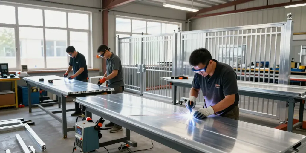 Aluminium fabrication workshop featuring skilled craftsmen working on metal projects