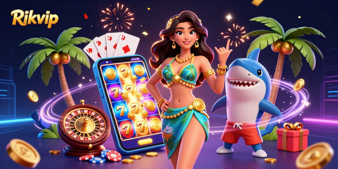 Experience thrilling slot games with Rikvip's vibrant 3D illustration featuring a beach goddess and playful shark.