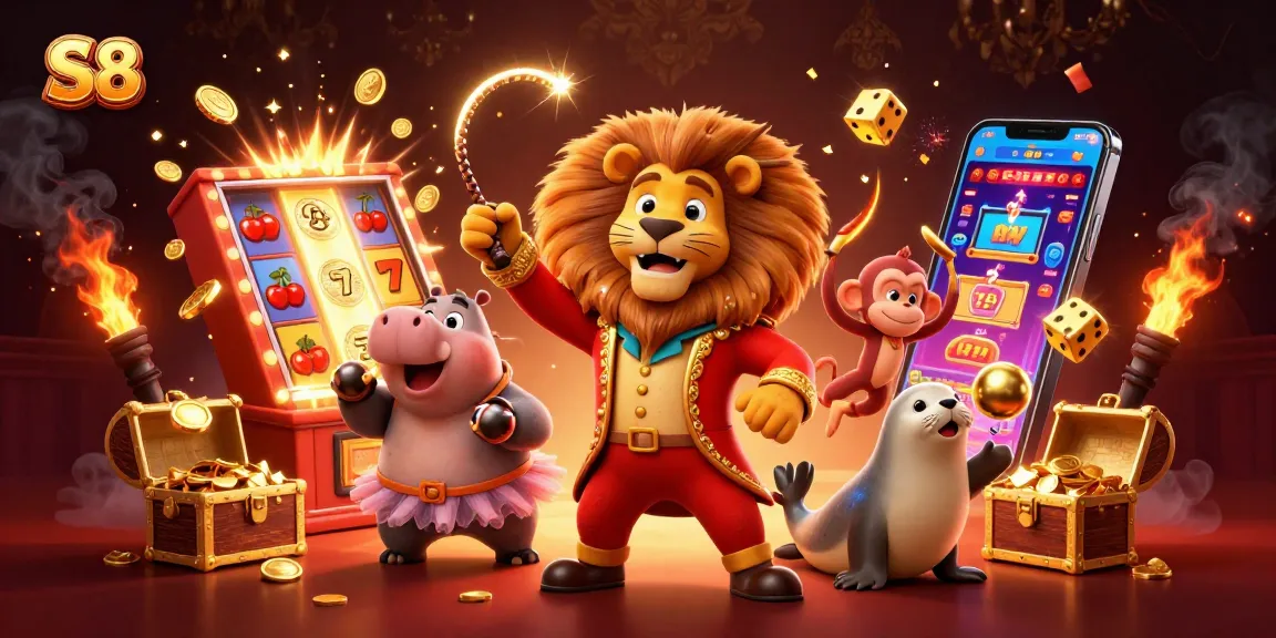 S8 players enjoy high-stakes slots action amidst colorful casino festivities.