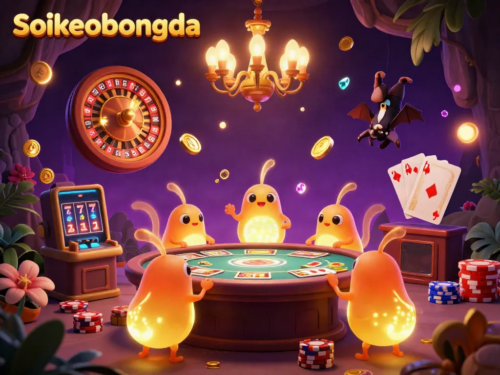 Experience Soikeobongda in a vibrant casino scene illuminated by glowing characters, complete with gambling elements.