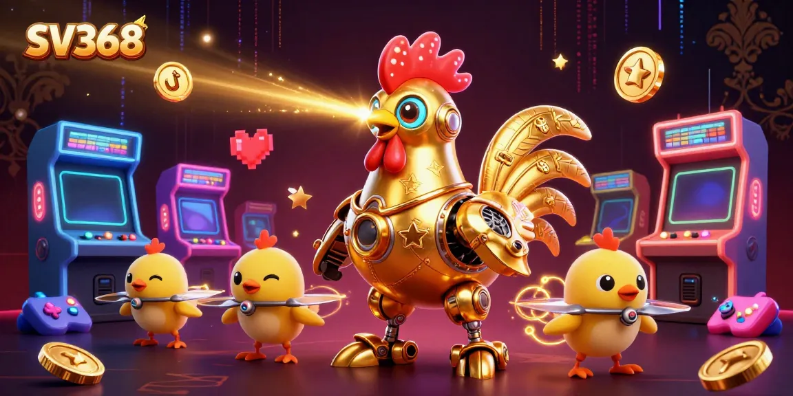Engage with SV368's thrilling gaming environment featuring a golden rooster robot amidst vibrant casino elements.