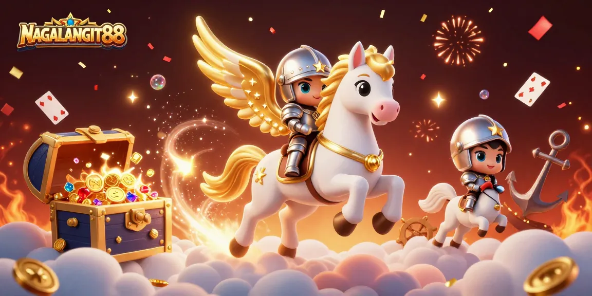 NAGALANGIT88 presents an animated scene featuring a celestial horse, knight, and treasure, celebrating victory.