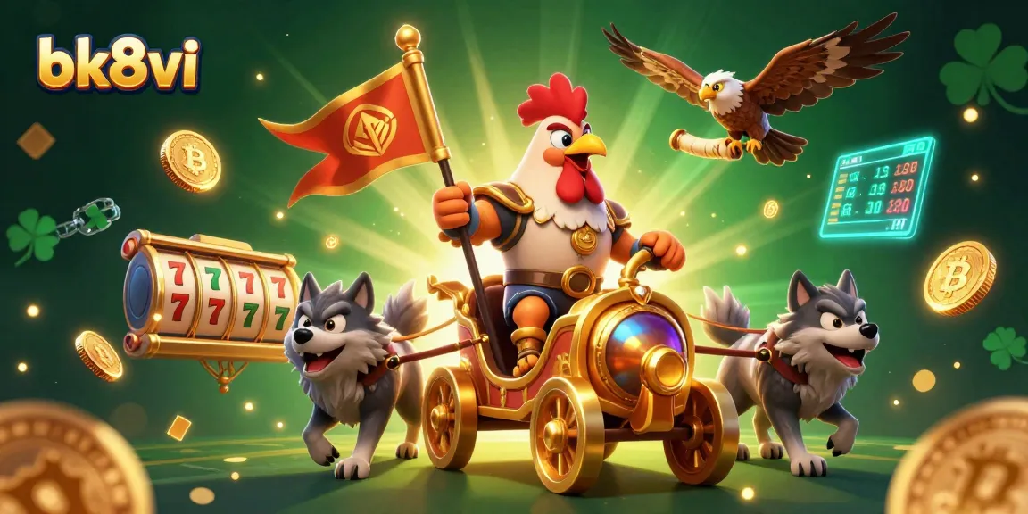 Spin the reels with bk8vi in this vibrant 3D casino scene showcasing excitement and cryptocurrency.