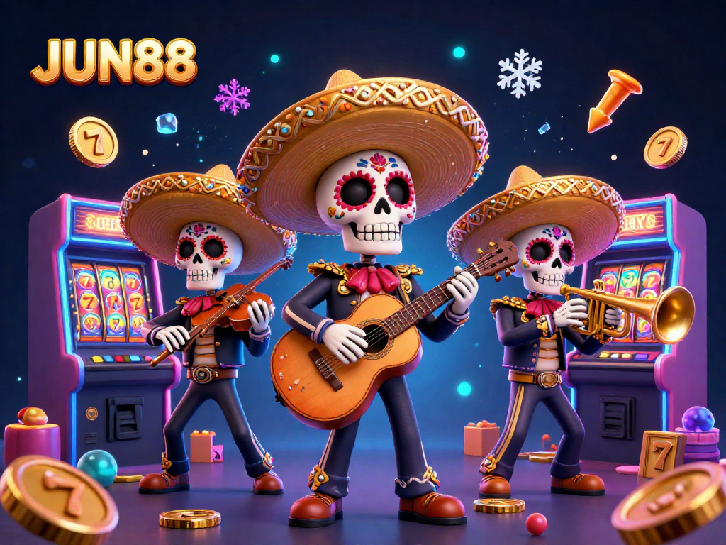 Experience the thrill of JUN88 with dynamic casino elements surrounding a mariachi band.
