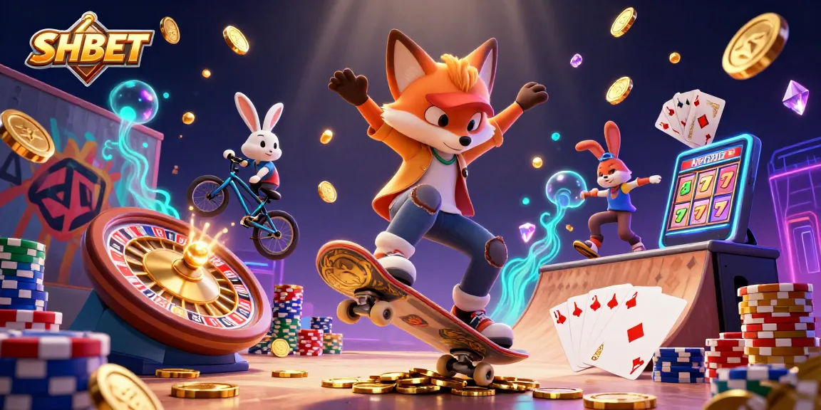SHBET ignites excitement with a vibrant scene of a skateboarder fox and BMX rabbit amidst swirling casino riches.