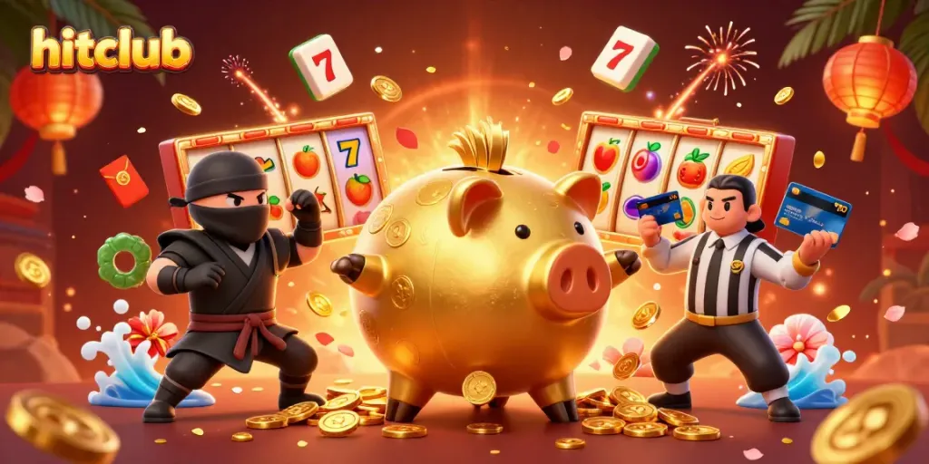 Experience thrilling gaming with hitclub's animated characters amid slot reels and vibrant casino elements.