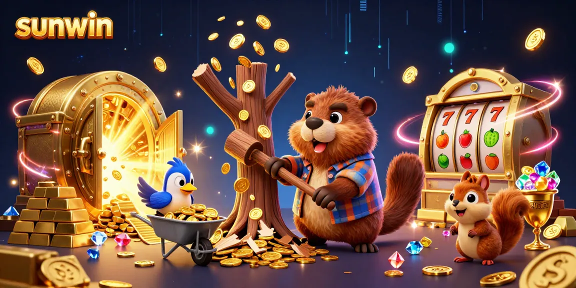 Experience the excitement at Sunwin with vibrant casino-themed characters amidst a bounty of gold and jewels.