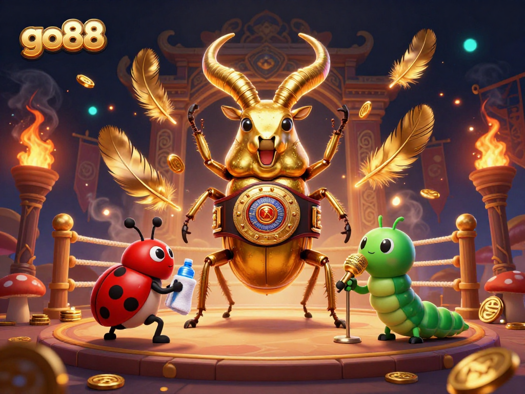 Engage in thrilling gaming adventures with go88, featuring a golden stag beetle boxing champion in an electrifying arena.