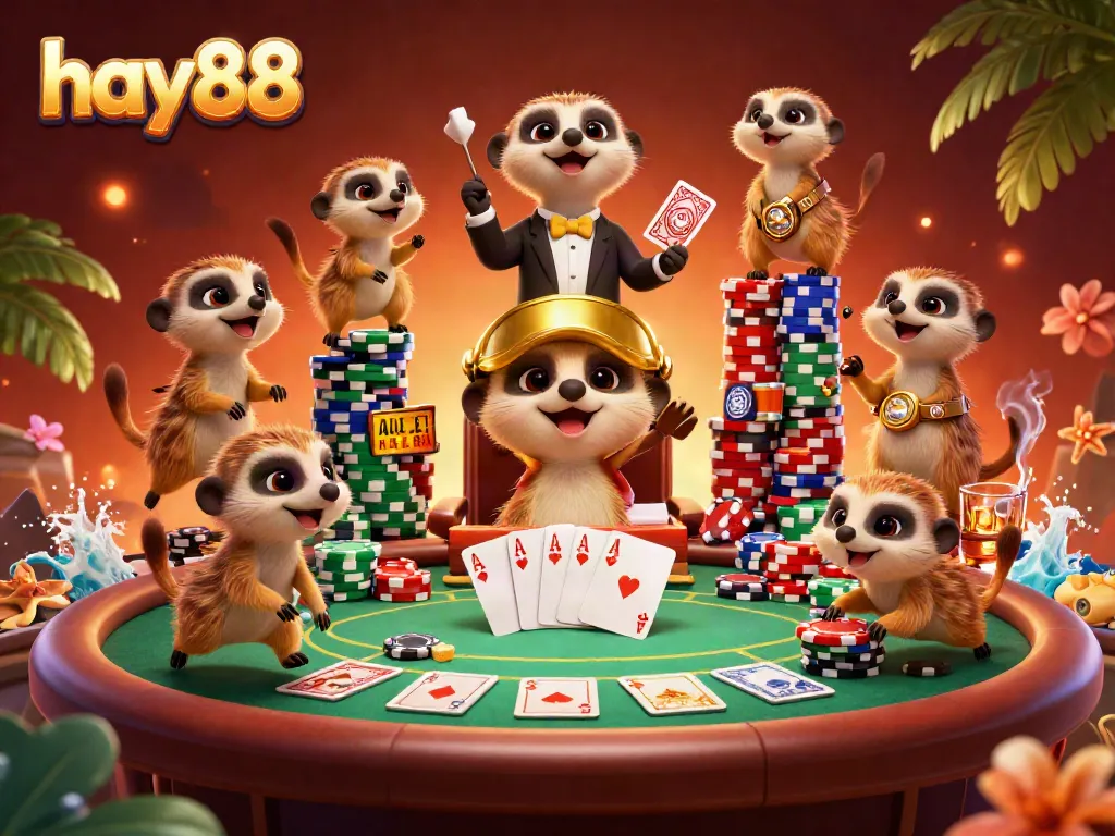 Experience hay88's exciting casino scene with meerkats engaging in poker and fun.