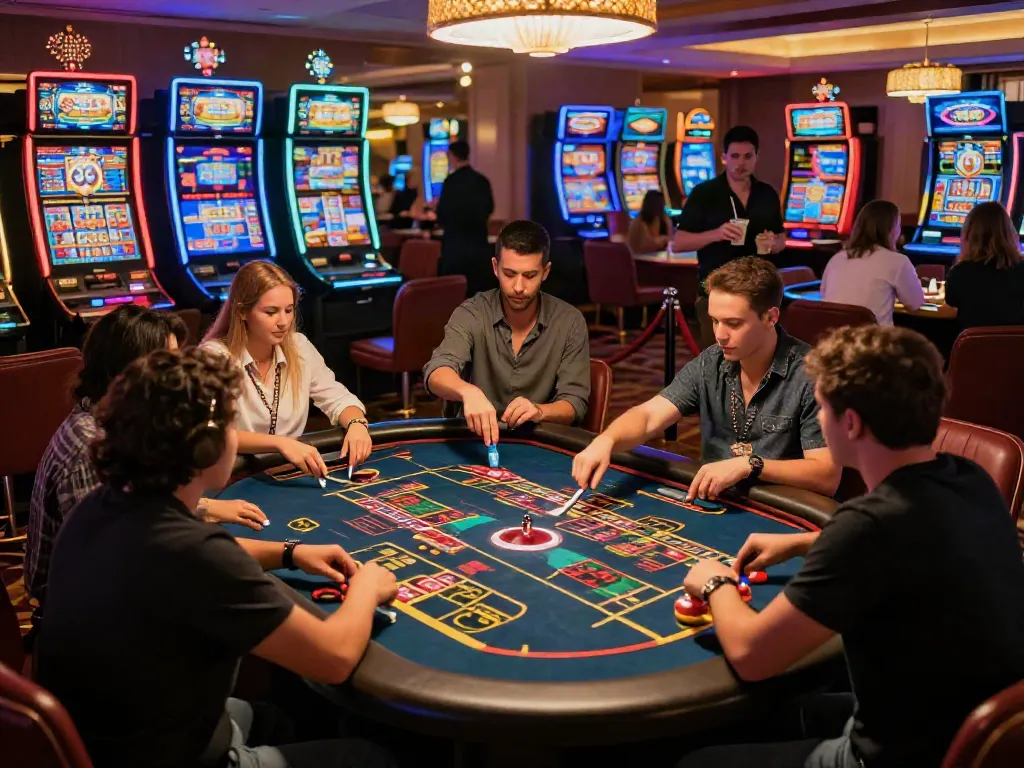 Players enjoying a lively atmosphere at casinos that accept credit card, surrounded by colorful slot machines and roulette table.