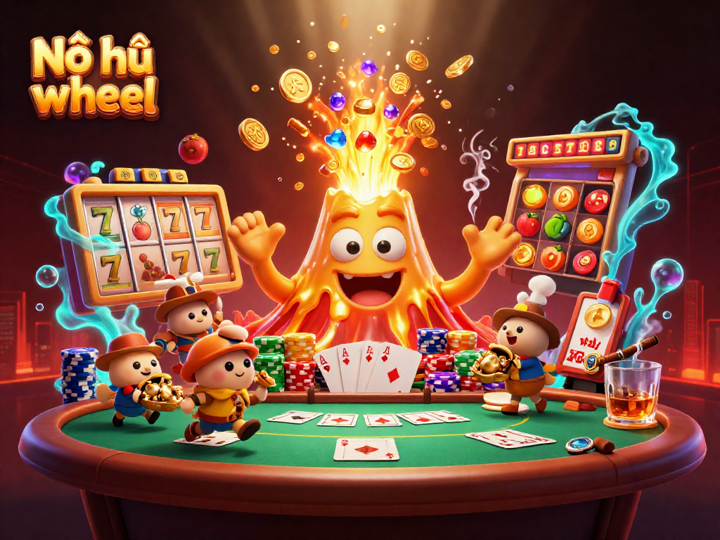 Nổ hũ wheel spins with a golden volcano erupting treasures attracting players in this vibrant casino scene.