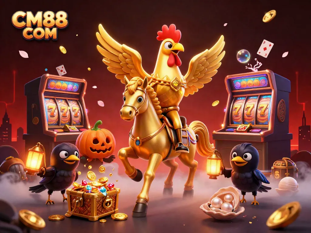 Win big with CM88 COM at this vibrant casino scene featuring a golden rooster and dynamic gaming elements.
