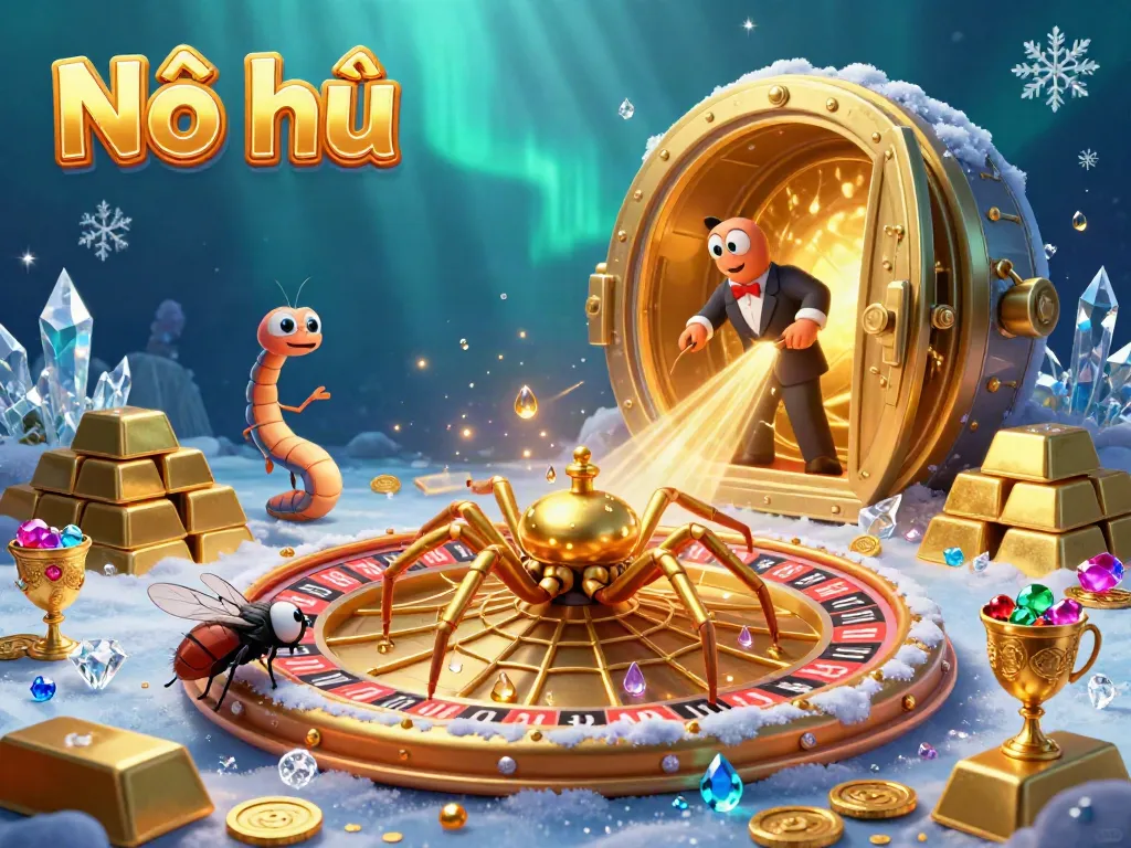 Nổ hũ thrills with a golden spider spinning a roulette wheel web, as a croupier centipede conducts exciting bets.