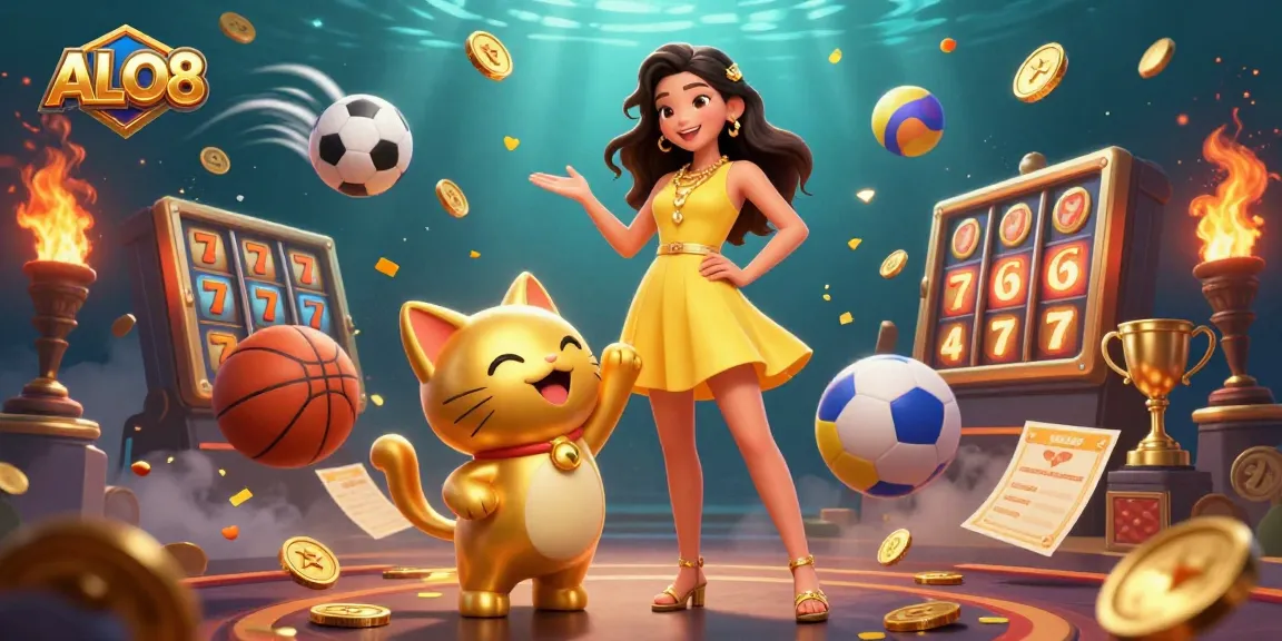 Experience thrilling gaming at ALO8 with a cheerful Asian woman and golden lucky cat amidst dynamic casino elements.