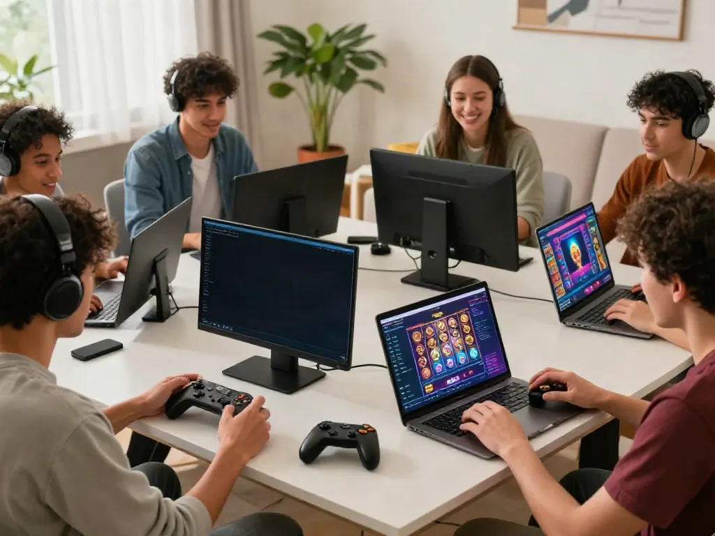 Engaged players enjoying games at 9bet in a lively, cozy living room setting.