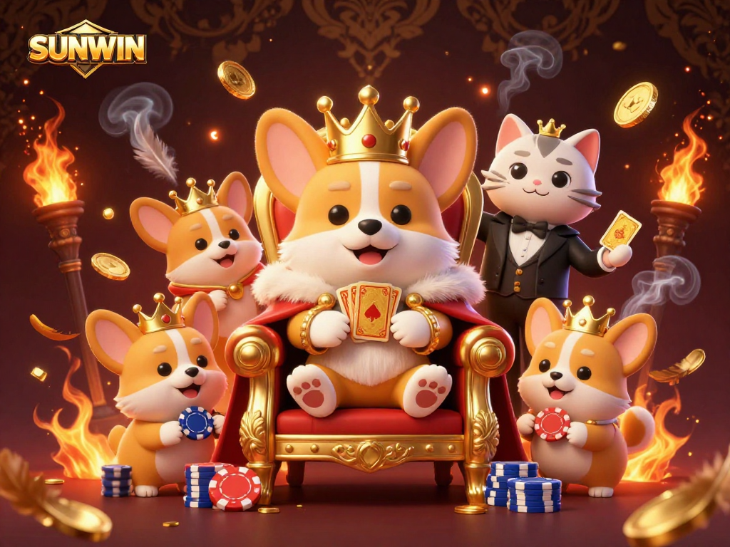 SUNWIN casino scene showcasing royal corgi on poker chip throne, lively gaming elements surround