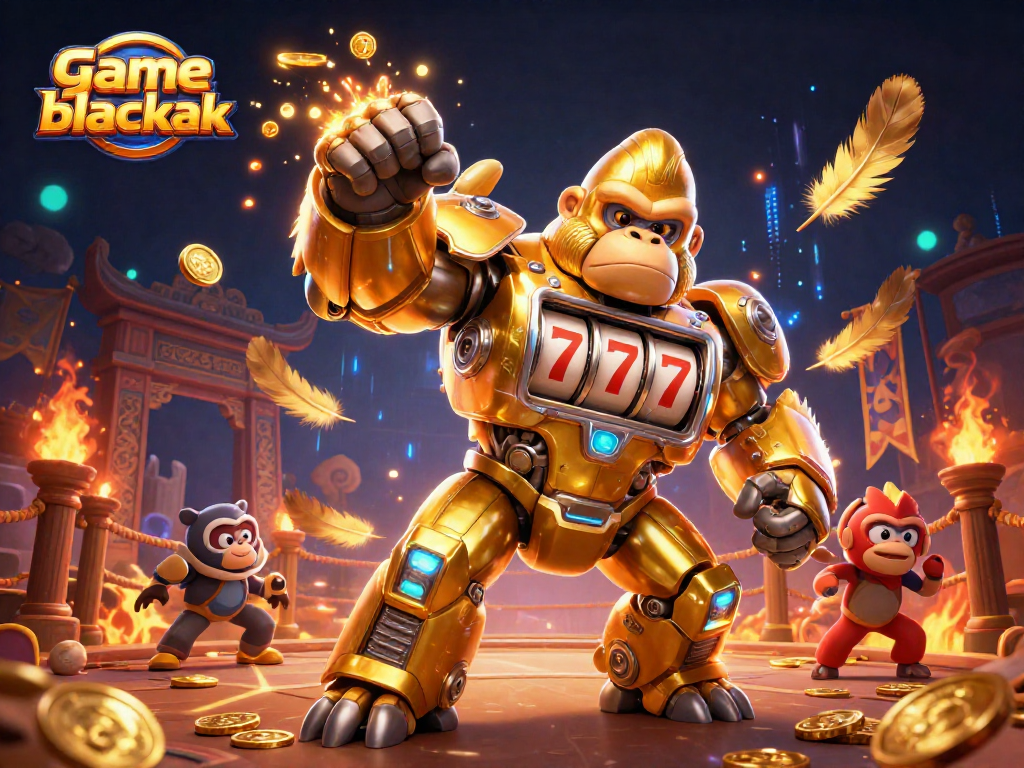 Engage in game blackjack visuals featuring a golden mech and dynamic casino elements.