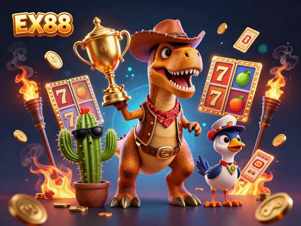 Experience the thrilling world of EX88 with vibrant casino elements and animated characters.