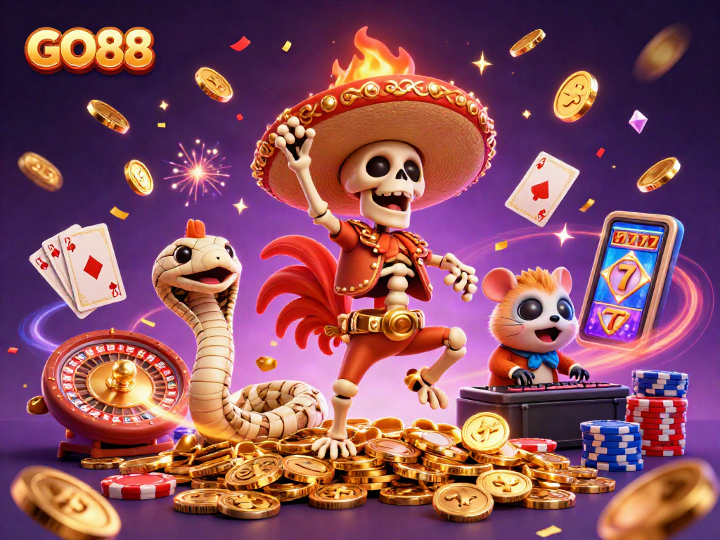 Celebrate with GO88's vibrant casino action featuring a dynamic victory dance and dazzling elements.