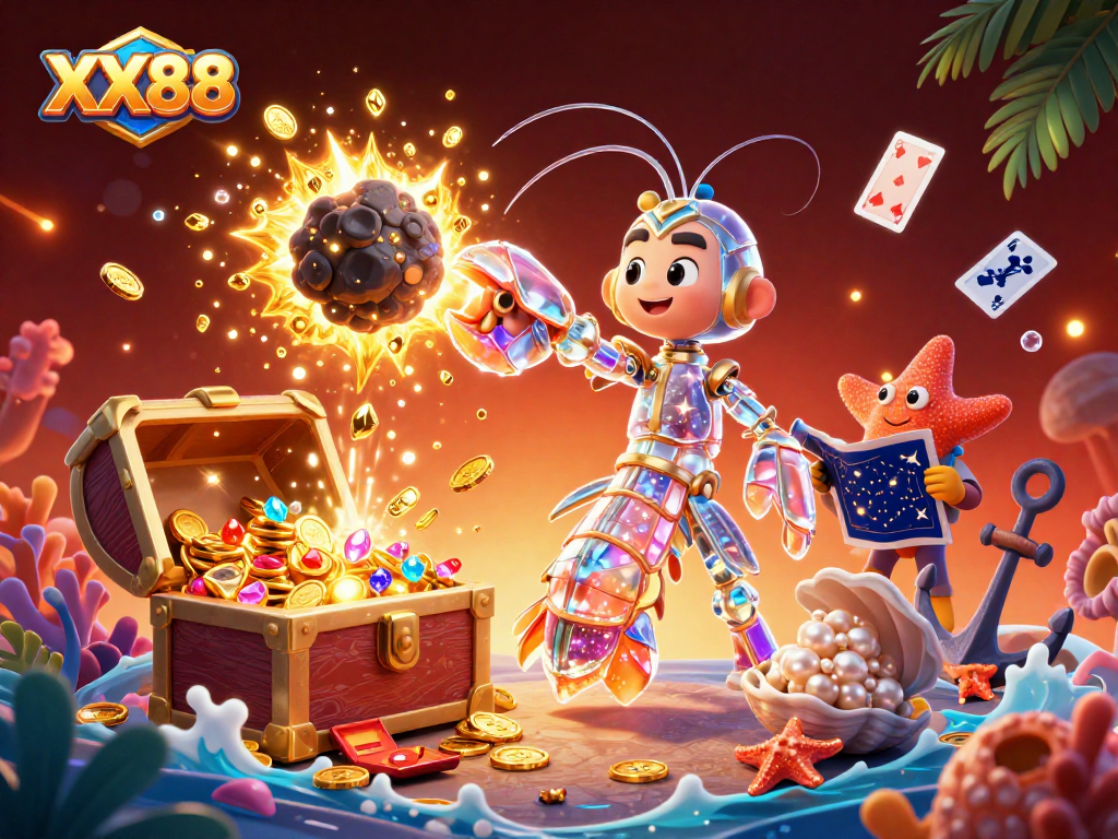 Experience the excitement of XX88 with a vibrant 3D casino scene full of treasure, games, and action.