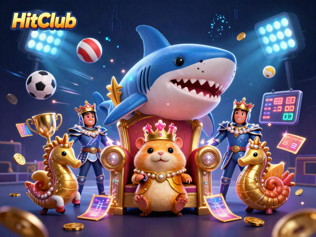 Win big with HitClub in a thrilling illustration featuring gambling elements and vibrant characters.