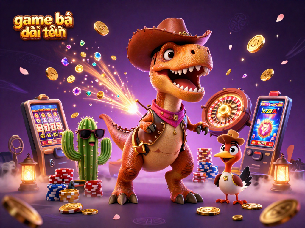 Engage with the thrilling game bài đổi thưởng as a T-Rex dinosaur and friends spin the reels and celebrate winnings.