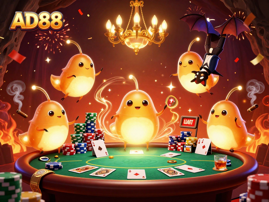 AD88 glows with vibrant poker action featuring animated glowworms and an upside-down bat dealer.