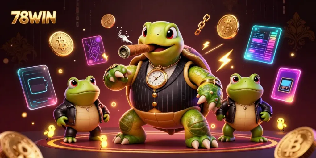 Engage with the thrilling world of 78WIN through a dynamic 3D casino scene featuring a lively snapping turtle and bullfrog enforcers.