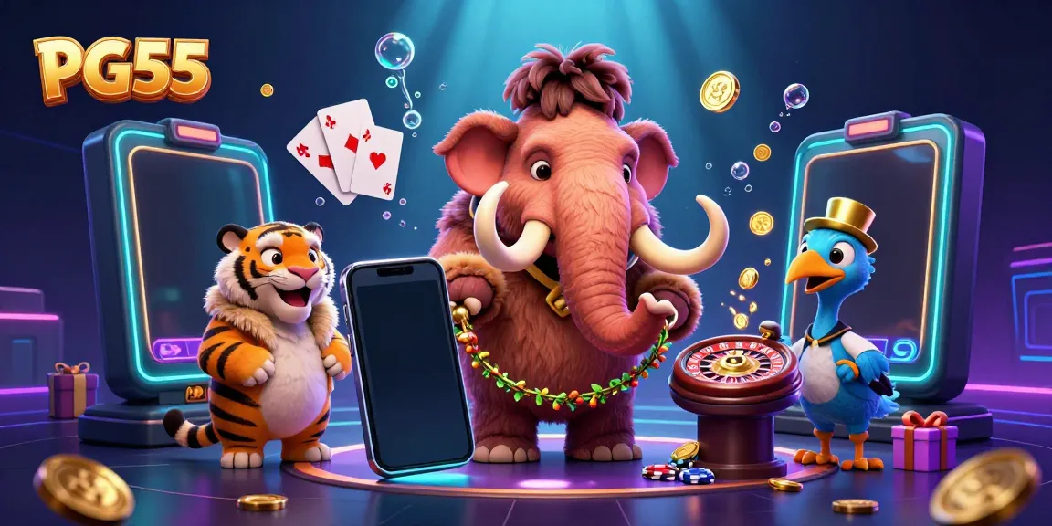 Experience the fun at PG55 casino with a vibrant 3D illustration of unique characters and gaming elements.