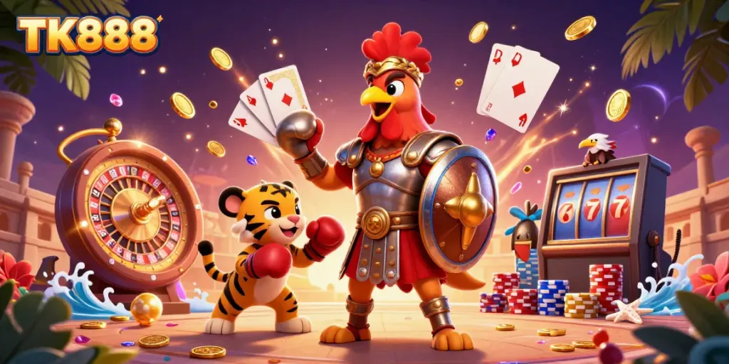 Experience the excitement of TK888 with a gladiator rooster and energetic casino elements.