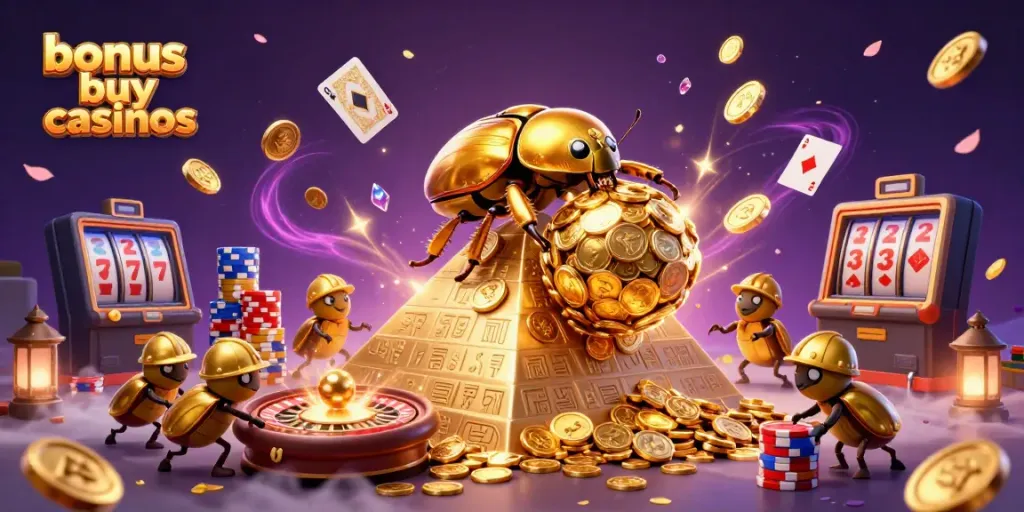 Experience the thrill of bonus buy casinos with golden beetles and exciting casino symbols in a vibrant scene.