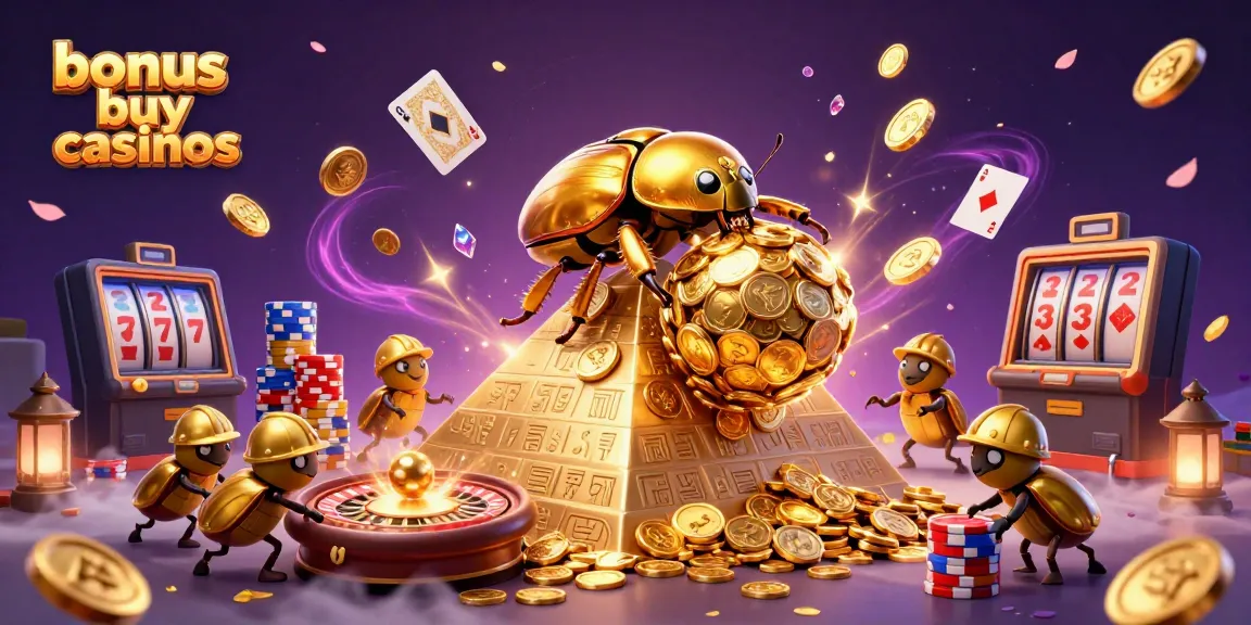 Experience the thrill of bonus buy casinos with golden beetles and exciting casino symbols in a vibrant scene.
