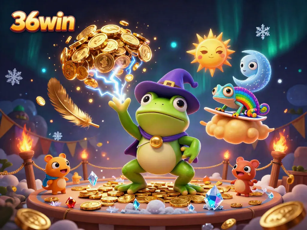 Experience the vibrant world of 36win with a magical scene of a weather wizard frog and rainbow chameleon amidst golden coins.