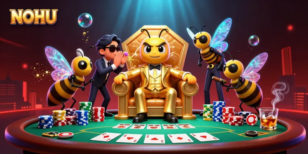 Engage with the thrilling NOHU gaming scene featuring a mob boss, poker elements, and exotic effects.