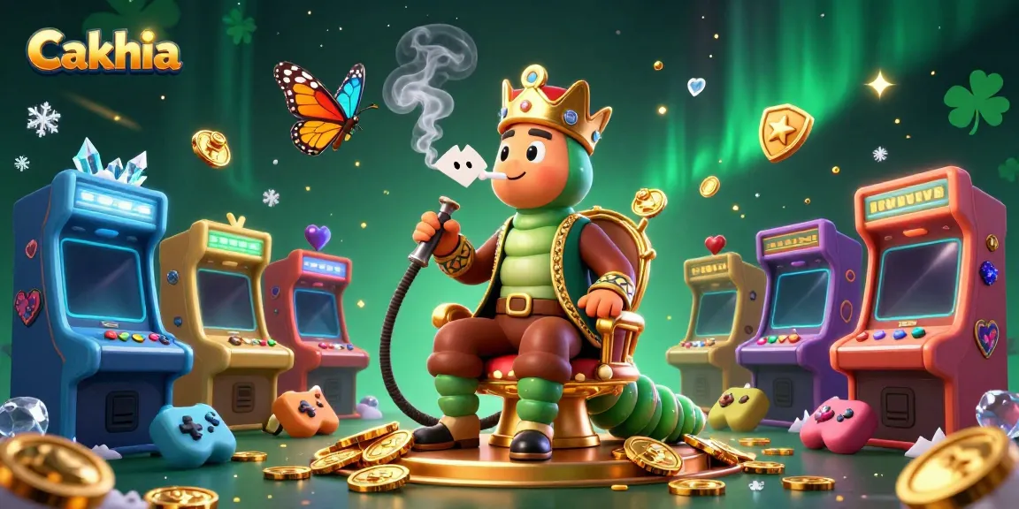 Cakhia features a cartoon caterpillar in a sultan outfit creating poker symbols with smoke, surrounded by vibrant arcade elements.
