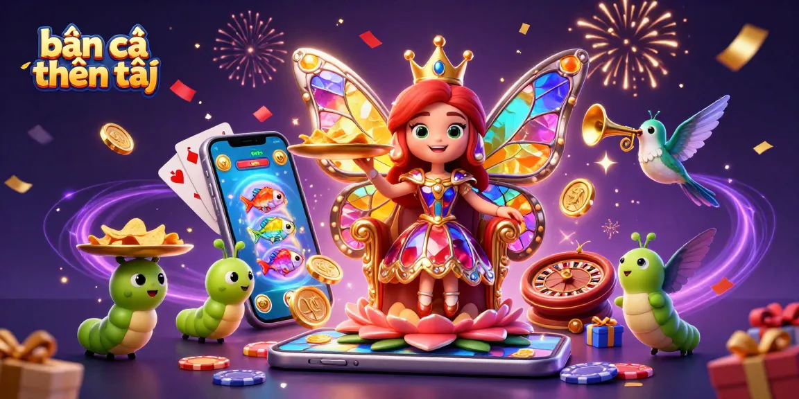 Bắn cá thần tài scene featuring a butterfly queen, vibrant gaming elements, and celebratory effects.