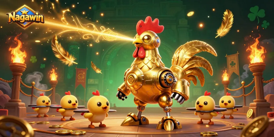 Nagawin shows off its dynamic betting experience with the golden rooster robot and chick drones in a vibrant casino scene.